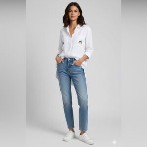 H&M Divided Long Shirt with Applique White Long Sleeve Buttons At cuff Size 14